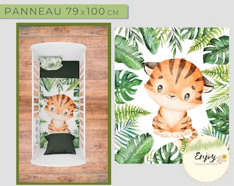 Panneau de Tissu Animaux Savane Vert OEKO TEX pour couverture Bébé Enfant, Animaux de la Jungle Bébé Tigre Feuillages Monstera