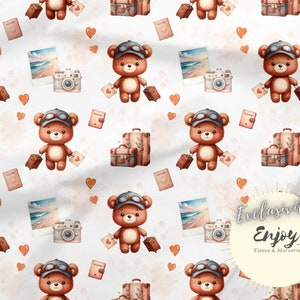 Tessuti per orsacchiotti in vacanza, stampa mista di animali al metro per bambini in cotone / Jersey / French Terry / Impermeabile / Oeko-Tex®