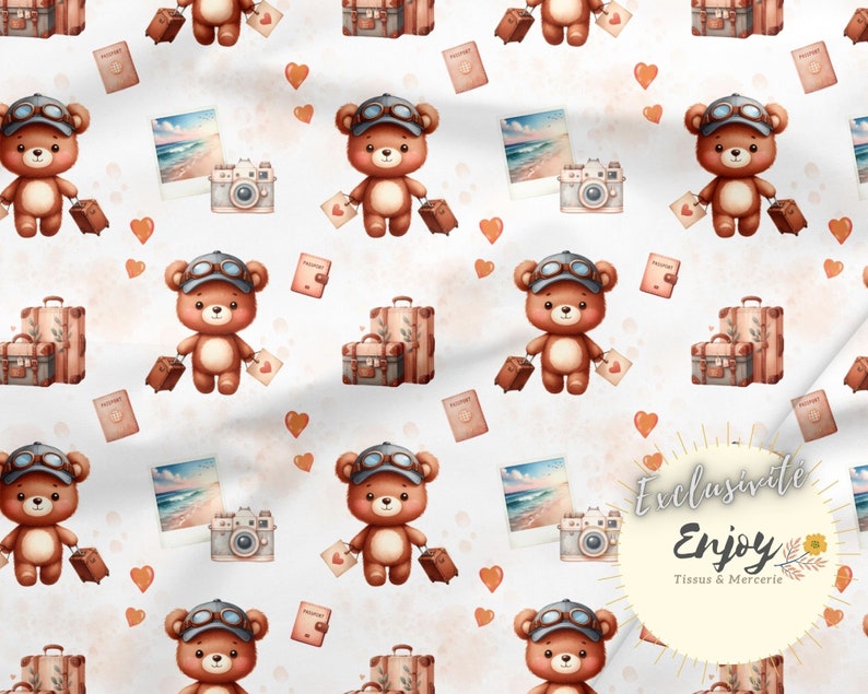May include: A seamless pattern featuring brown teddy bears wearing aviator goggles and carrying suitcases. The background is white with brown suitcases, cameras, hearts, and passport-like documents.