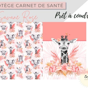 OEKO TEX Pink Savannah Baby Health Book Cover Fabric Pattern, DIY Coupon Giraffe Jungle Animals Lion for Baby Child Customizable