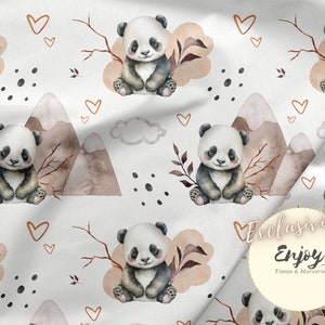 Beige Taupe Panda Fabric by the meter, Mixed Animals Girl Boy for Baby Child Cotton / Jersey / French Terry / Waterproof Fabric / Oeko-Tex®