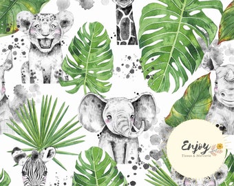 Green Tropical Foliage Savanna Fabric by the meter, Monstera Jungle Animals Print Cotton / Jersey / French Terry / Waterproof / Oeko-Tex®