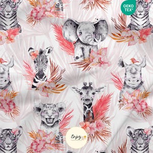Savannah Pink Fabric with Lion, Elephant, Giraffe, and Jungle Animals for Baby and Child, Cotton/Jersey/French Terry/Waterproof Fabric/Oeko-Tex®