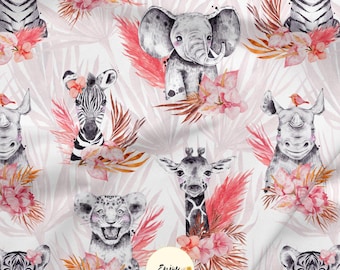 Savannah Pink Fabric with Lion, Elephant, Giraffe, and Jungle Animals for Baby and Child, Cotton/Jersey/French Terry/Waterproof Fabric/Oeko-Tex®