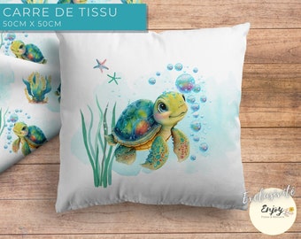 Panneau Carré Tissu Tortue d'eau Bleu OEKO TEX, Coupon Animaux Marins pour Coussin 100% Coton Animaux de la mer pour Bébé Enfant