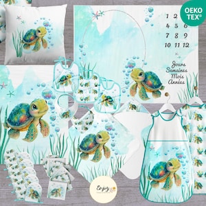 Kit Naissance Bébé Tortue à Coudre Gigoteuse, Cape de Bain, Bavoir, Panneau de Couverture, Lingettes Lavables, Coupon Tissu Animaux Oeko-Tex