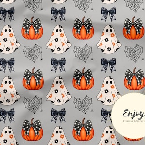 Tessuto di Halloween al metro, fantasmi stampati, zucche, fiocchi, ragnatele Cotone / Jersey / French Terry / Impermeabile / Oeko-Tex®