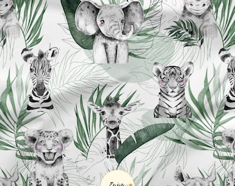 Jade Green Savannah Fabric by the Meter, Tropical Jungle Animals Baby/Child Cotton/Jersey/French Terry/Waterproof Fabric/Oeko-Tex®