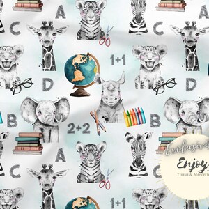 Tissu Savane Bleu Back To school, Imprimé Animaux école fournitures scolaires Coton / Jersey / French Terry / Imperméable / Oeko-Tex®