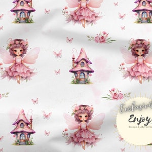 Tessuto Fata Rosa per Neonato al metro, Farfalle e Fiori in Cotone / Jersey / French Terry / Impermeabile / Oeko-Tex®