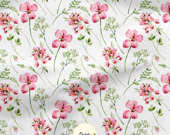 Countryside Floral Pink Wildflower Fabric by the Meter, Floral Cotton/Jersey/French Terry Fabric/Waterproof/Oeko-Tex®