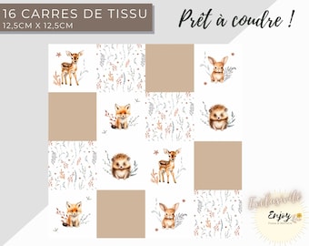 Coupon Panneau de Lingettes Bébé, 16 Carrés de tissu à coudre pour Lingettes Lavables Bébé, Cube d'éveil, Coton OEKO TEX Animaux de la Forêt