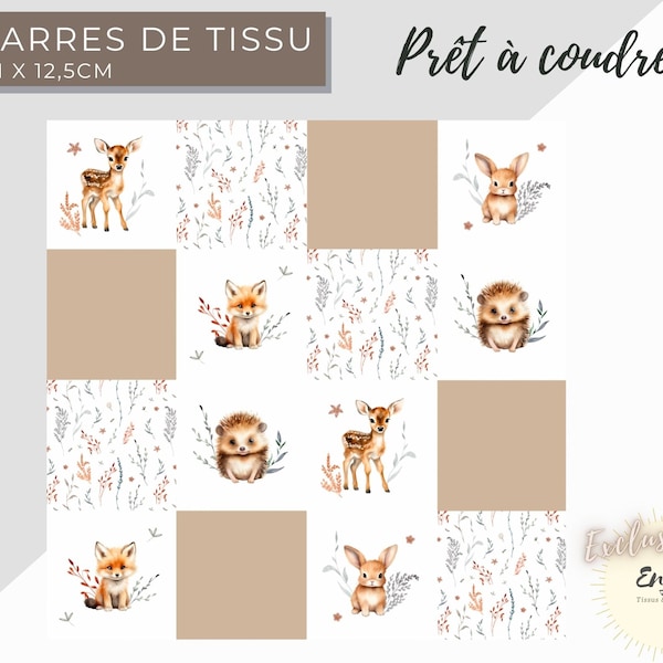 Coupon Panneau de Lingettes Bébé ANIMAUX de la FORÊT, 16 Carrés de tissu à coudre pour Lingettes Lavables Bébé, Cube d'éveil, Coton oeko-tex