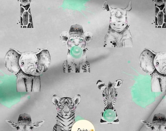 Savannah Bubble Gum Mint Green Fabric by the meter, Jungle Animals Kids Print in Cotton / Jersey / French Terry / Waterproof Fabric / Oeko-Tex®