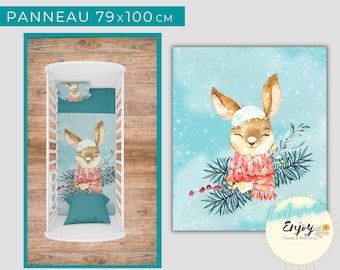 Panneau de Tissu Animaux de la Forêt Neige OEKO TEX pour couverture Bébé Enfant, Tissu Hiver Lapin Fleurs Feuillages Bébé