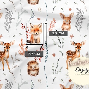 May include: White fabric with a repeating pattern of woodland animals, including a fox, deer, rabbit, and hedgehog. The animals are illustrated in a watercolour style with soft colours. The fabric is 9.2 cm wide and 7.7 cm high.