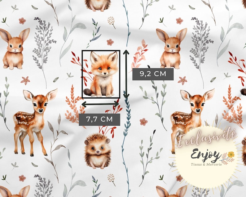 May include: White fabric with a repeating pattern of woodland animals, including a fox, deer, rabbit, and hedgehog. The animals are illustrated in a watercolour style with soft colours. The fabric is 9.2 cm wide and 7.7 cm high.