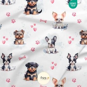 Tessuto con stampa di cuccioli rosa, certificato Oeko-Tex | Cotone, Jersey, French Terry, impermeabile, venduto al metro per cucire abiti per neonati, bambini, decorazioni per la cameretta e accessori per animali domestici.