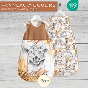 Panneau pour Gigoteuse Bébé Lion Prêt à Coudre, Coupon de Tissu Animaux de la Savane Safari 100% Coton Oeko-Tex, Turbulette Jungle