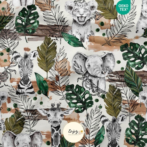 Tissu Savane Mixte Bébé au mètre Animaux de la Jungle Safari Lion Girafe en Coton / Jersey / French Terry / Tissu Imperméable / Oeko-Tex®