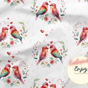 Tessuto con piccoli cuori rossi e uccelli al metro, stampa d'amore in cotone / Jersey / French Terry / Tessuto impermeabile / Oeko-Tex®