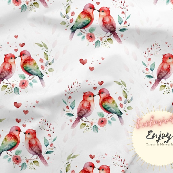 Tissu Oiseaux Petits Coeurs Rouge au mètre, Imprimé Amour en Coton / Jersey / French Terry / Tissu Imperméable / Oeko-Tex®