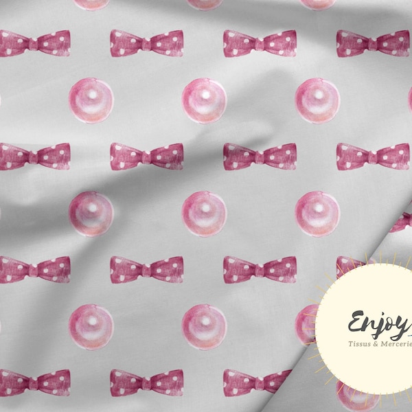 Tissu Bubble Gum Bulle Rose Noeuds Fond Gris au mètre pour Bébé Enfant en Coton / Jersey / French Terry / Tissu Imperméable / Oeko-Tex®