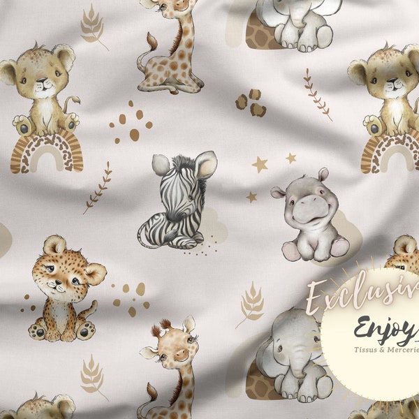 Babydierenstof Baby Savanna per meter Jungle Safari Leeuw Giraffe Luipaard in Katoen / Jersey / French Terry / Waterdichte stof / Oeko-Tex®