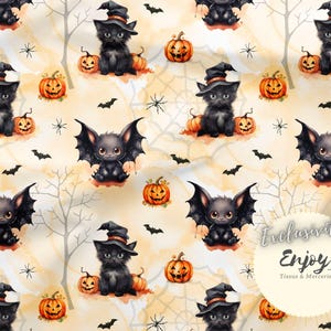 Tessuto Halloween al metro, stampa simpatico gatto nero, zucche, pipistrelli Cotone / Jersey / French Terry / Impermeabile / Oeko-Tex®