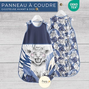 Panneau pour Gigoteuse Bébé Lion Bleu Prêt à Coudre, Coupon de Tissu Animaux de la Savane Tropical 100% Coton Oeko-Tex, Turbulette Jungle