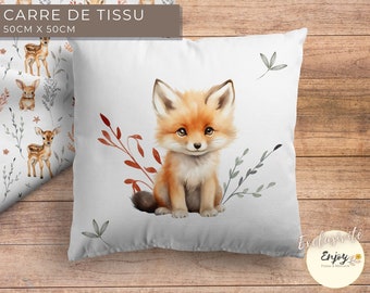 Panneau de Coussin Renard Animaux de la Forêt Enchantée OEKO TEX, Tissu Coton pour Bébé Enfant, Coupon Carré 50 x 50 cm Chambre Bébé