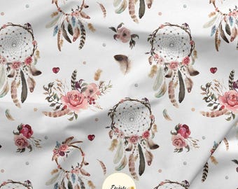 Pink Dreamcatcher Fabric with Feathers, Boho Floral Print, French Cotton Terry Jersey, Waterproof, Oeko-Tex Certified