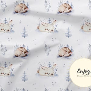Tessuto con animali della foresta addormentati al metro, cotone con stampa di conigli invernali, daini e cerbiatti / Jersey / French Terry / Tessuto impermeabile / Oeko-Tex®