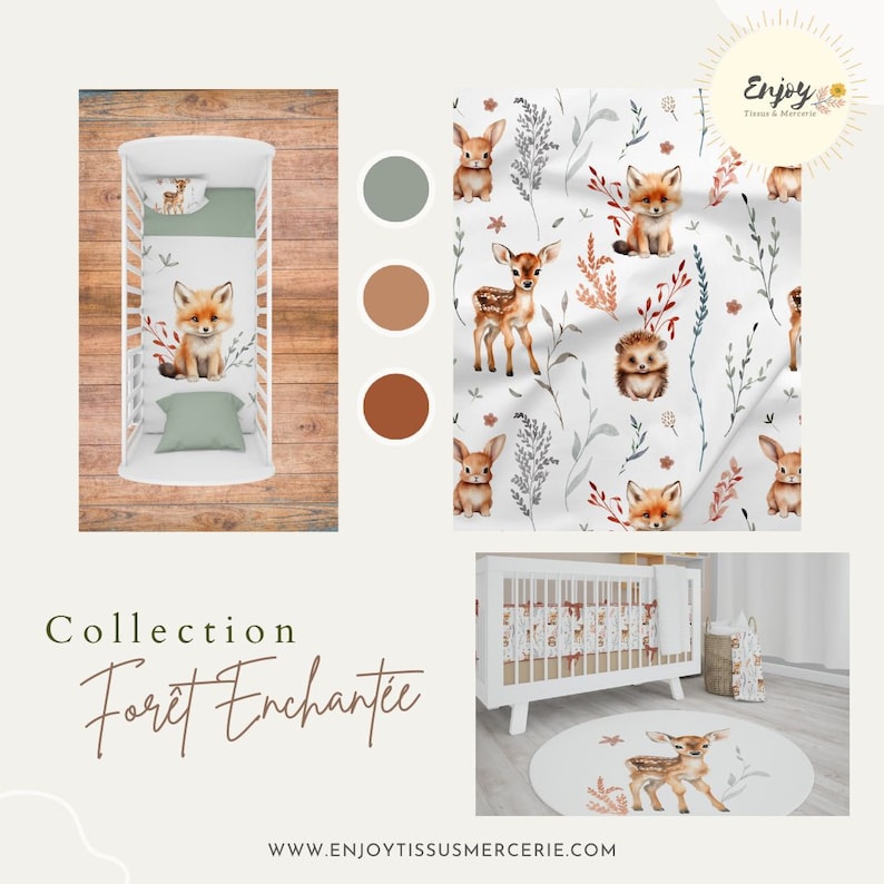 May include: A white cot with a white and brown patterned bedding set. The bedding features a woodland theme with foxes, deer and hedgehogs. The cot is on a wooden floor with a round rug featuring a deer. The text "Collection For&ecirc;t Enchant&eacute;e" is visible below the cot. The text "Enjoy Tissus & Mercerie" is visible in the top right corner of the image.