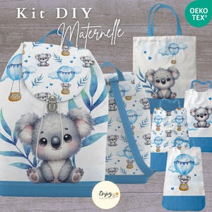Kit Sac à Dos Maternelle Koala Bleu à Coudre, Panneau de Tissu pour Kit de Rentrée Scolaire, Bavoirs Cantine & Sac de Bibliothèque Oeko-Tex
