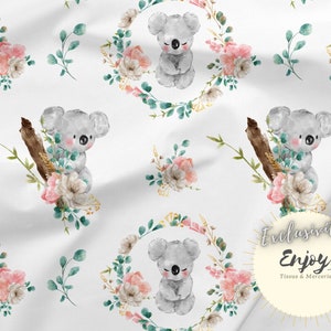 Tessuto Koala Rosa Fiori al metro, Stampa floreale Animali Foglie Eucalipto Bambino Cotone / Jersey / French Terry / Impermeabile / Oeko-Tex®