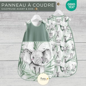 Panneau pour Gigoteuse Bébé Éléphant Vert D'eau Prêt à Coudre, Coupon de Tissu Animaux de la Savane 100% Coton Oeko-Tex, Turbulette Jungle