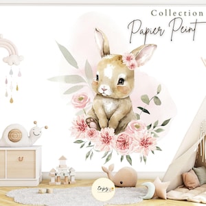 Carta da parati panoramica per bambini - Baby Room Forest Animals Garden Watercolor - Coniglio rosa - Carta da parati non tessuta su misura