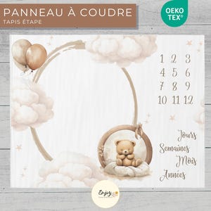 Pannello in tessuto orsetto tra le nuvole OEKOTEX per coperta mista per bambini, tessuto per animali con orsetto a palloncino, tappetino per foto per bambini