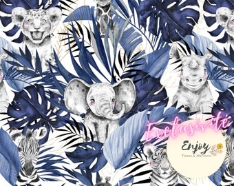 Blue Tropical Savanna Fabric Jungle Animals Lion Elephant Giraffe Baby in Cotton / Jersey / French Terry / Waterproof Fabric / Oeko-Tex®