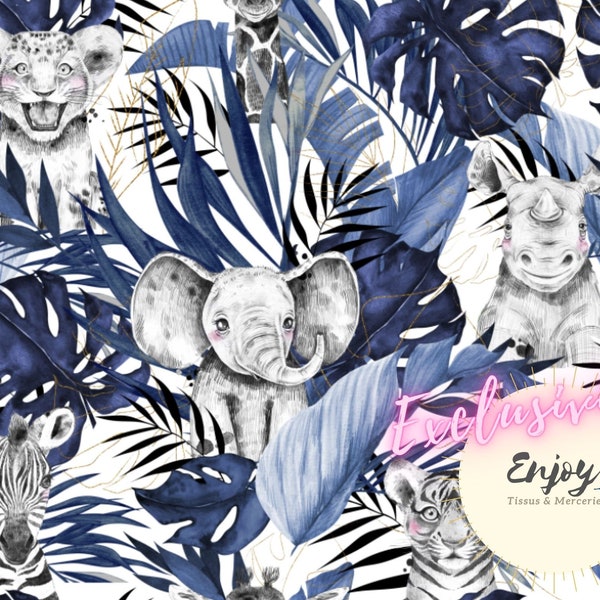 Tissu Savane Tropical Bleu Animaux de la Jungle Lion éléphant girafe Bébé en Coton / Jersey / French Terry / Tissu Imperméable / Oeko-Tex®