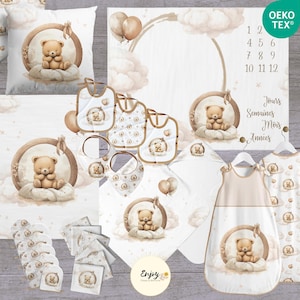 Kit Naissance Bébé Ourson Nuages à Coudre, Gigoteuse Cape de Bain Bavoir, Panneau Couverture Lingettes Lavables Coupon Tissu Animaux OekoTex