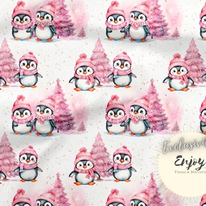 Tessuto rosa pinguini animali artici al metro, stampa ghiaccio invernale in cotone / Jersey / French Terry / Impermeabile / Oeko-Tex®