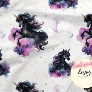 Tessuto Unicorni Neri Animali Fantastici al metro per Neonato in Cotone / Jersey / French Terry / Tessuto Impermeabile / Oeko-Tex®