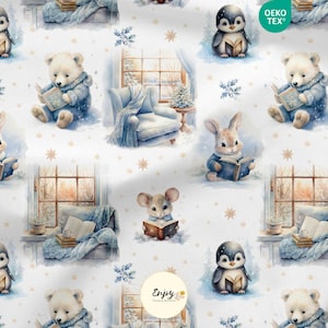 Tessuto al metro "Baby Animals Christmas Stories", stampa Orso, Pinguino, Coniglio, Topo, Cotone / Jersey / French Terry / Impermeabile / Oeko-Tex®