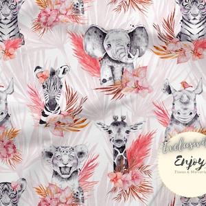 Tessuto Savana Rosa Leone Elefante Giraffa Animali della Giungla Neonato Bambino in Cotone / Jersey / French Terry / Tessuto Impermeabile / Oeko-Tex®