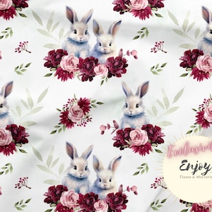 Burgundy and Pink Rabbit Flower Fabric by the meter, Forest Animals, Baby Child Cotton / Jersey / French Terry / Waterproof Fabric / Oeko-Tex®