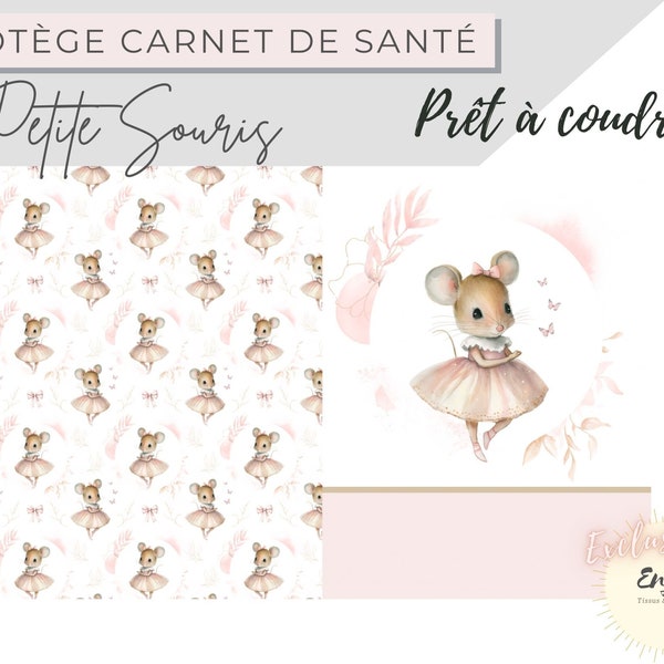 Patron Protège Carnet de Santé Bébé Souris Rose Poudré Animaux de la Forêt, Panneau Tissu Coton OEKOTEX DIY personnalisable Prêt à Coudre