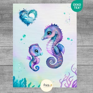 Seahorse Baby Blanket Fabric Panel, 100% Oeko-Tex Cotton for Kids, Ocean Animals, Sea Animals, Marine Animals