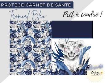 Patron Tissu Protège Carnet de Santé Bébé Savane Bleu OEKO TEX, Coupon DIY Lionceau Animaux de la Jungle Lion pour Bébé personnalisable